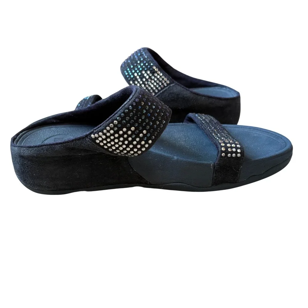 FitFlop Black Wedge Slide Sandals with Rhinestone Straps